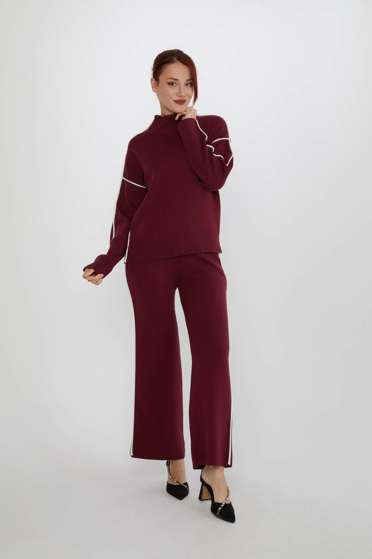 Women's Two-Piece Suit Striped Detail Stand Collar Burgundy - 31609 | KAZEE