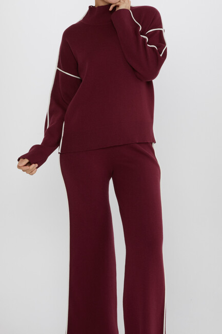 Women's Two-Piece Suit Striped Detail Stand Collar Burgundy - 31609 | KAZEE - Thumbnail