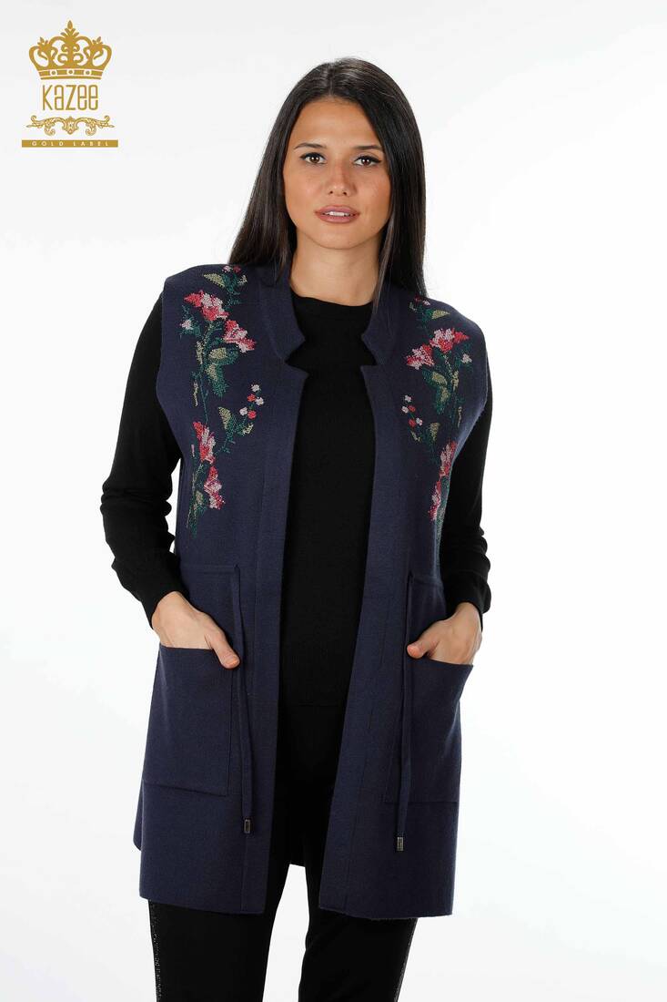 Women's Vest with Tie Tie Detailed Navy Blue - 16844 | KAZEE