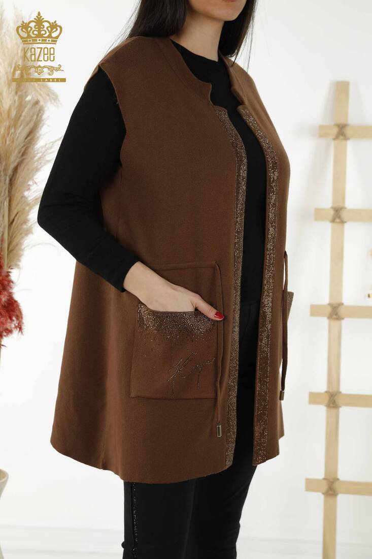 Women's Vest Stone Embroidered Brown - 30308 | KAZEE