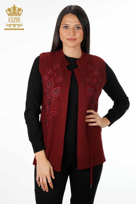 Women's Vest with Tulle Detailed Thread Tie Claret Red - 16839 | Kazee - Thumbnail