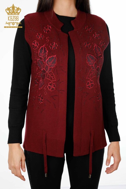 Women's Vest with Tulle Detailed Thread Tie Claret Red - 16839 | Kazee - Thumbnail