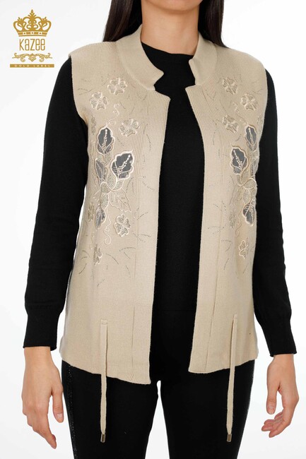 Women's Vest with Tulle Detailed Thread Tie Beige - 16839 | Kazee - Thumbnail