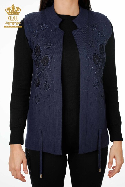 Women's Vest with Tulle Detailed Thread Tie Navy Blue - 16839 | Kazee - Thumbnail