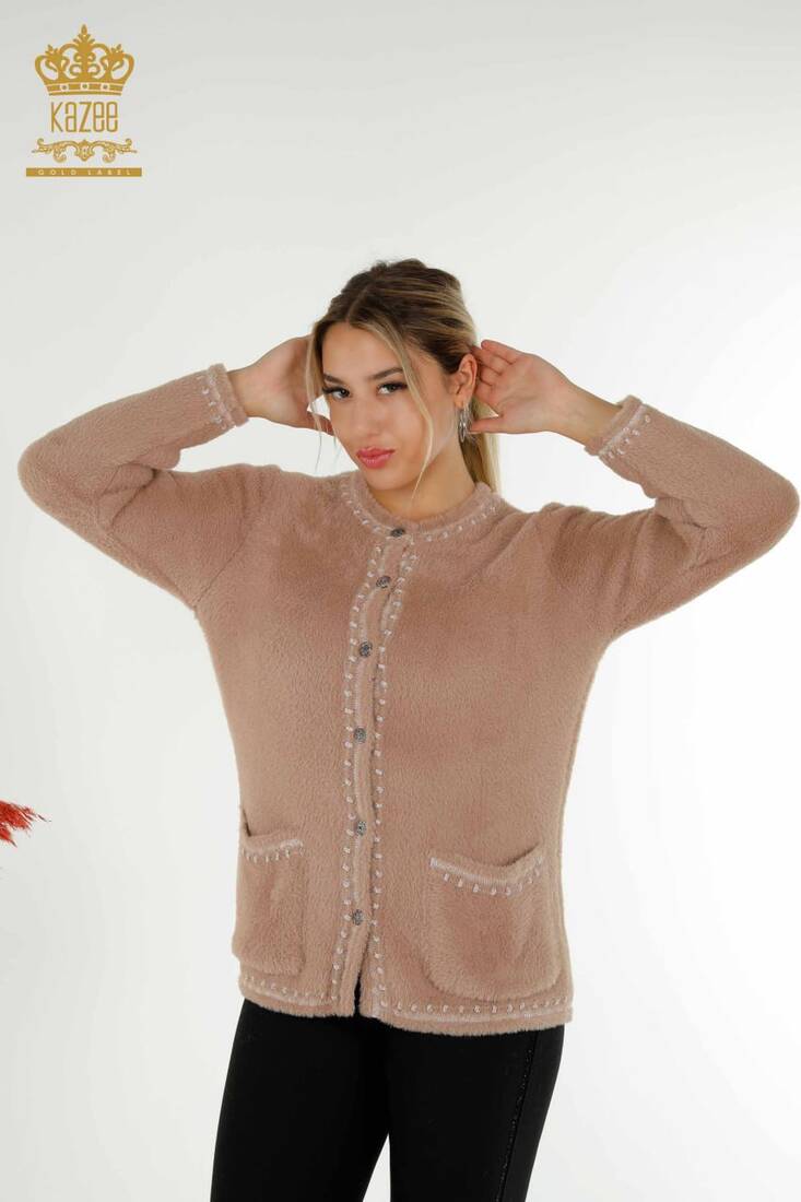 Women's Angora Cardigan Buttoned Beige - 30371 | KAZEE