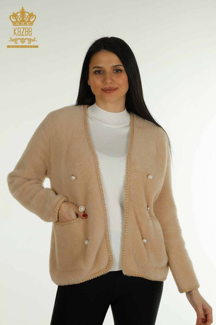 Women's Angora Cardigan Buttoned Beige - 30799 | KAZEE