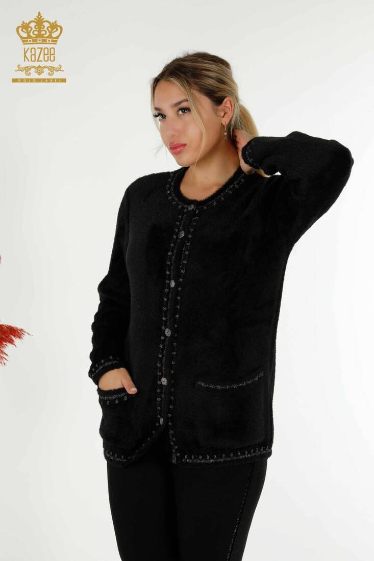 Women's Angora Cardigan Buttoned Black - 30371 | KAZEE