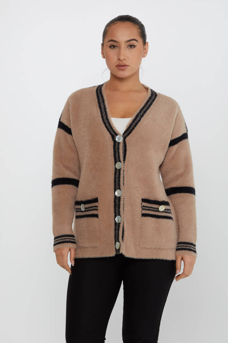 Women's Angora Cardigan Buttoned Dark Beige - 30784 | KAZEE