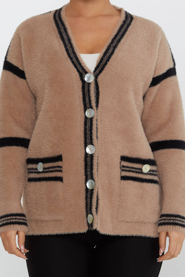 Women's Angora Cardigan Buttoned Dark Beige - 30784 | KAZEE