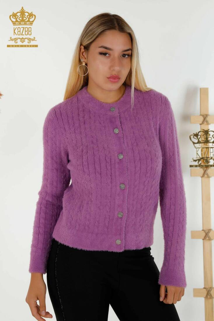 Women's Angora Cardigan Buttoned Purple - 30321 | KAZEE