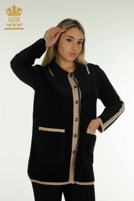 Women's Angora Cardigan Stripe Detail Black - 30444 | KAZEE - Thumbnail