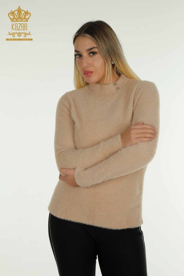 Women's Angora Knitwear Button Detail Beige - 30667 | KAZEE