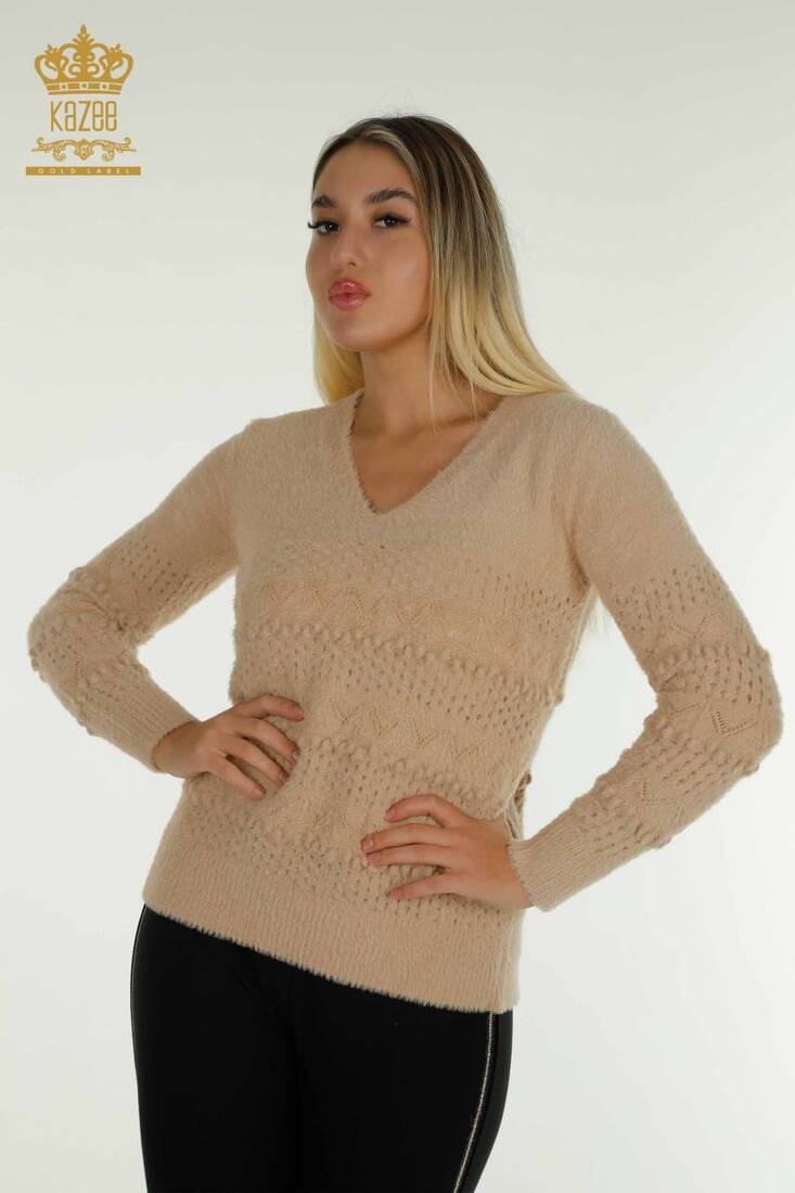 Women's Angora Knitwear Self-Patterned Beige - 30697 | KAZEE