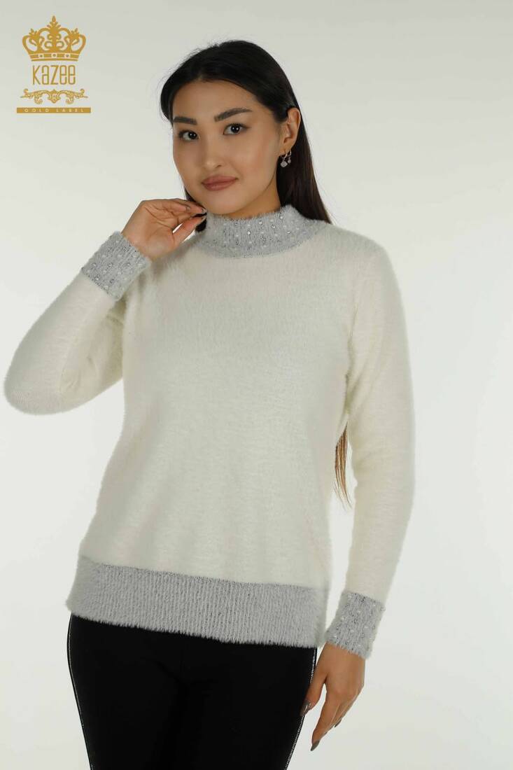 Women's Angora Sweater Beaded Detail Ecru - 30668 | KAZEE