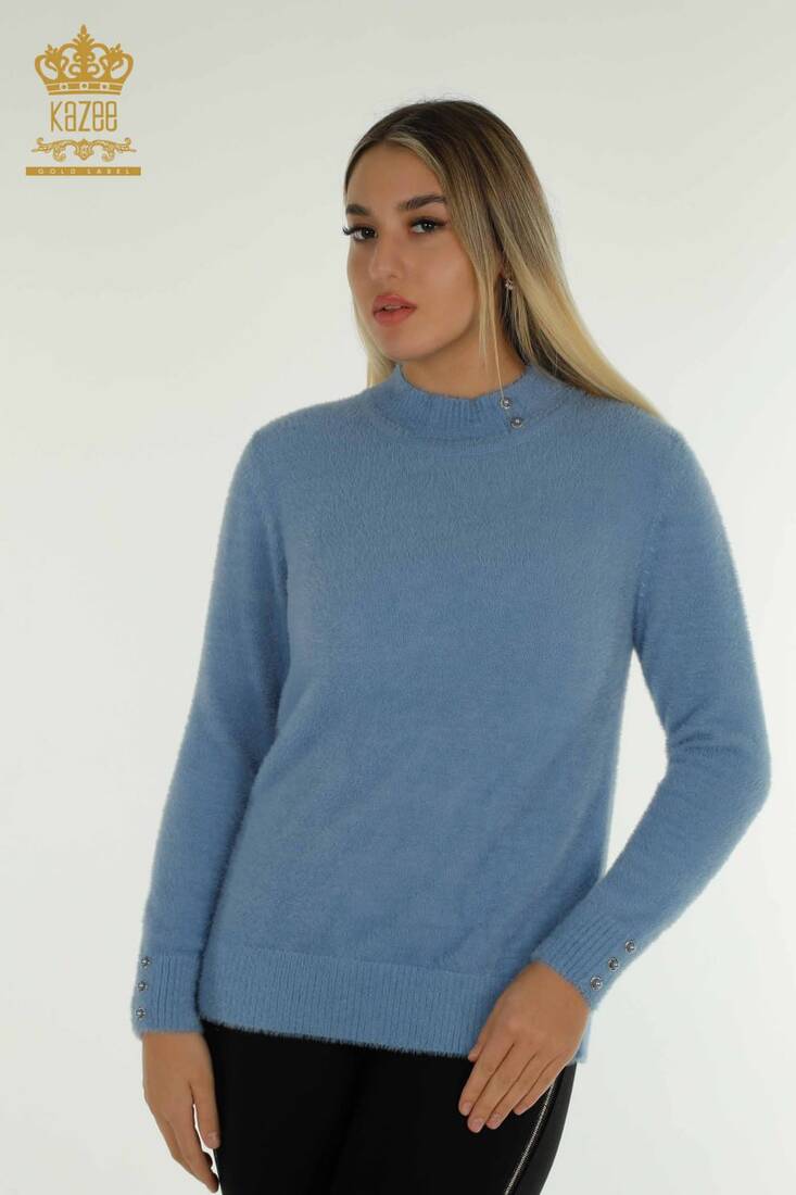 Women's Angora Sweater Button Detail Blue - 30667 | KAZEE