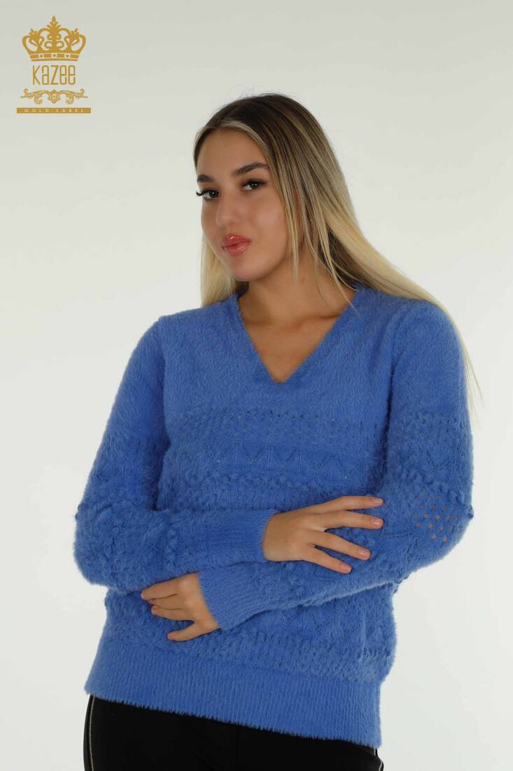 Women's Angora Sweater Self-Patterned Blue - 30697 | KAZEE