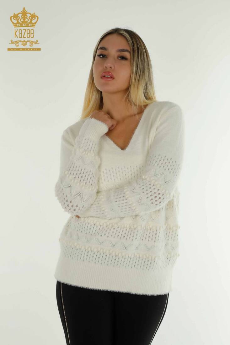 Women's Angora Sweater Self-Patterned Ecru - 30697 | KAZEE