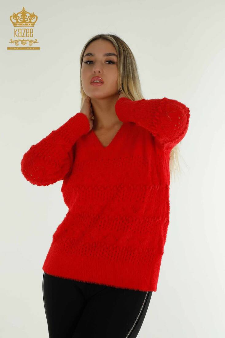 Women's Angora Sweater Self-Patterned Red - 30697 | KAZEE