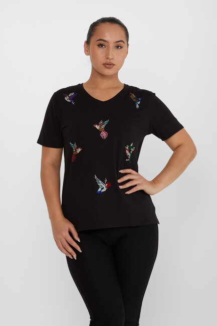 Women's Blouse Bird Stone Detailed V-Neck Black - 80111 | KAZEE - Thumbnail