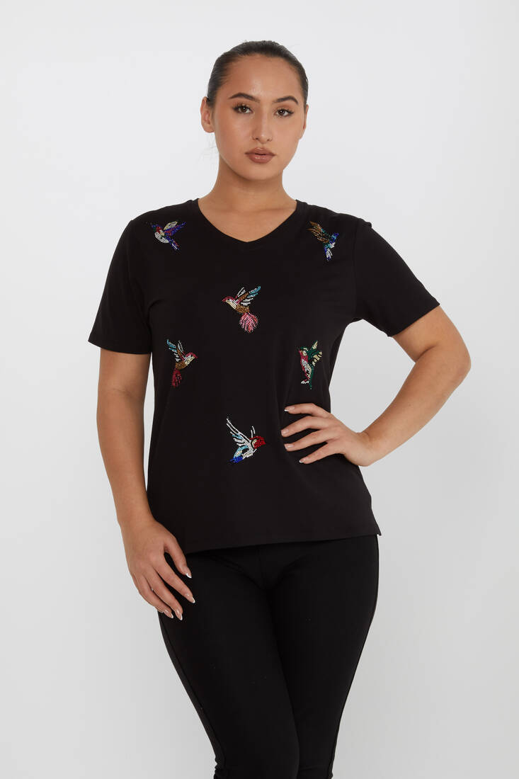 Women's Blouse Bird Stone Detailed V-Neck Black - 80111 | KAZEE