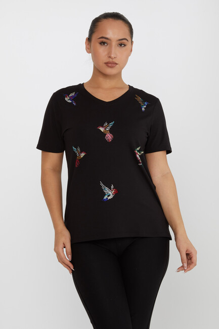 Women's Blouse Bird Stone Detailed V-Neck Black - 80111 | KAZEE - Thumbnail