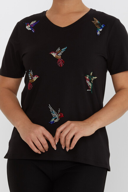 Women's Blouse Bird Stone Detailed V-Neck Black - 80111 | KAZEE - Thumbnail