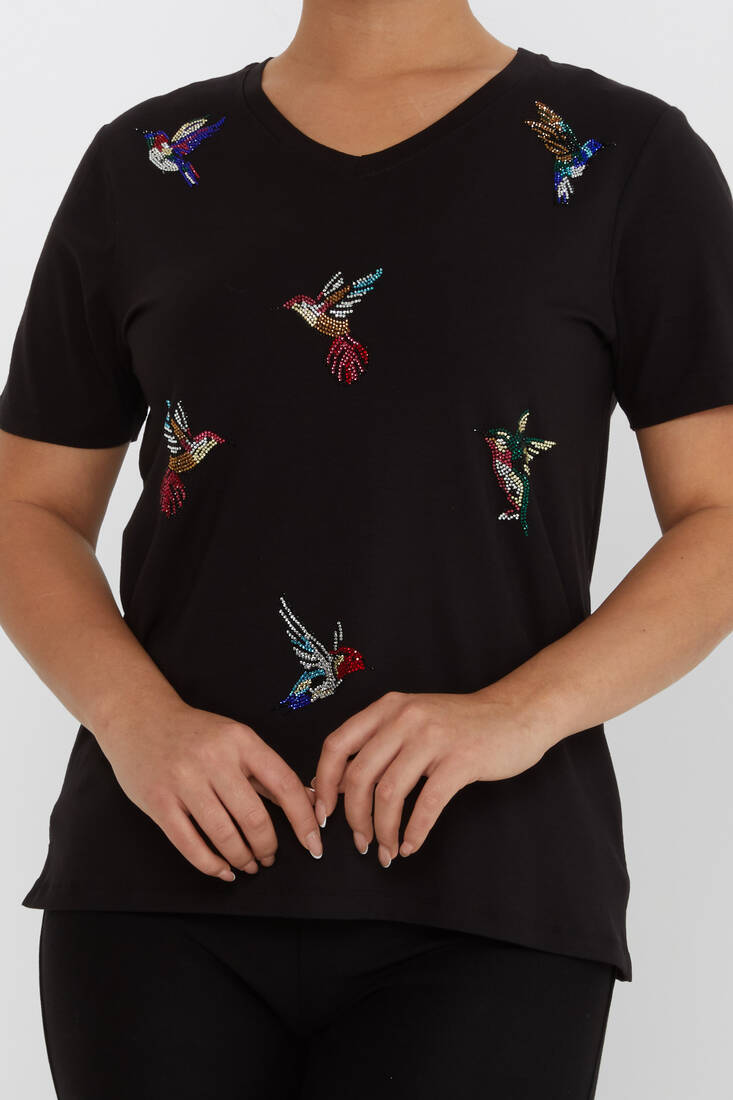 Women's Blouse Bird Stone Detailed V-Neck Black - 80111 | KAZEE