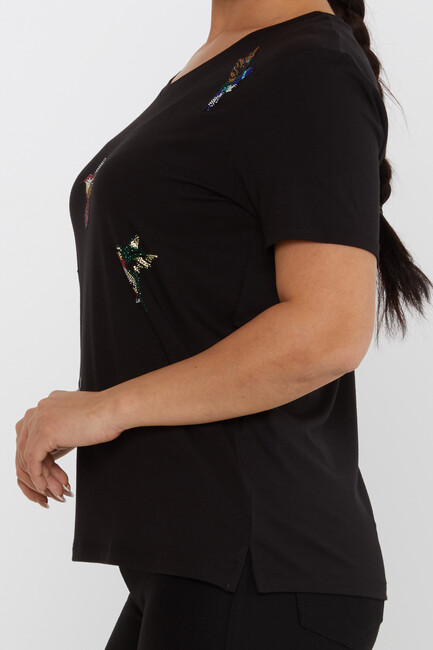 Women's Blouse Bird Stone Detailed V-Neck Black - 80111 | KAZEE - Thumbnail