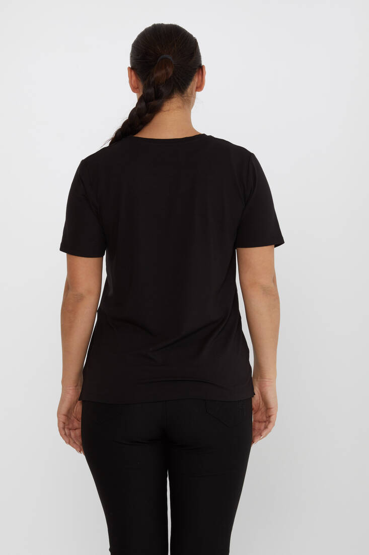 Women's Blouse Bird Stone Detailed V-Neck Black - 80111 | KAZEE