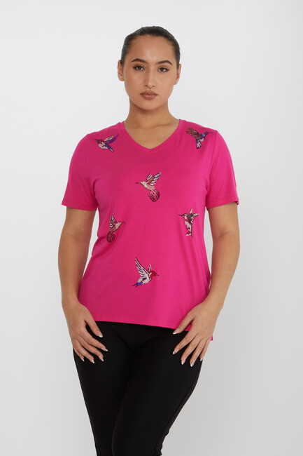 Women's Blouse Bird Stone Detailed V-Neck Fuchsia - 80111 | KAZEE - Thumbnail