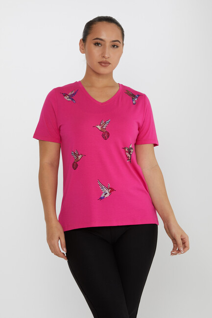 Women's Blouse Bird Stone Detailed V-Neck Fuchsia - 80111 | KAZEE - Thumbnail