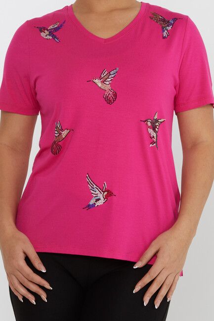 Women's Blouse Bird Stone Detailed V-Neck Fuchsia - 80111 | KAZEE - Thumbnail