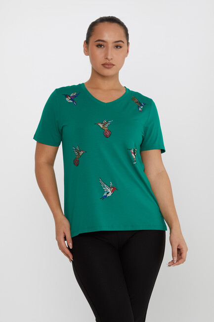 Women's Blouse Bird Stone Detail V-Neck Green - 80111 | KAZEE - Thumbnail