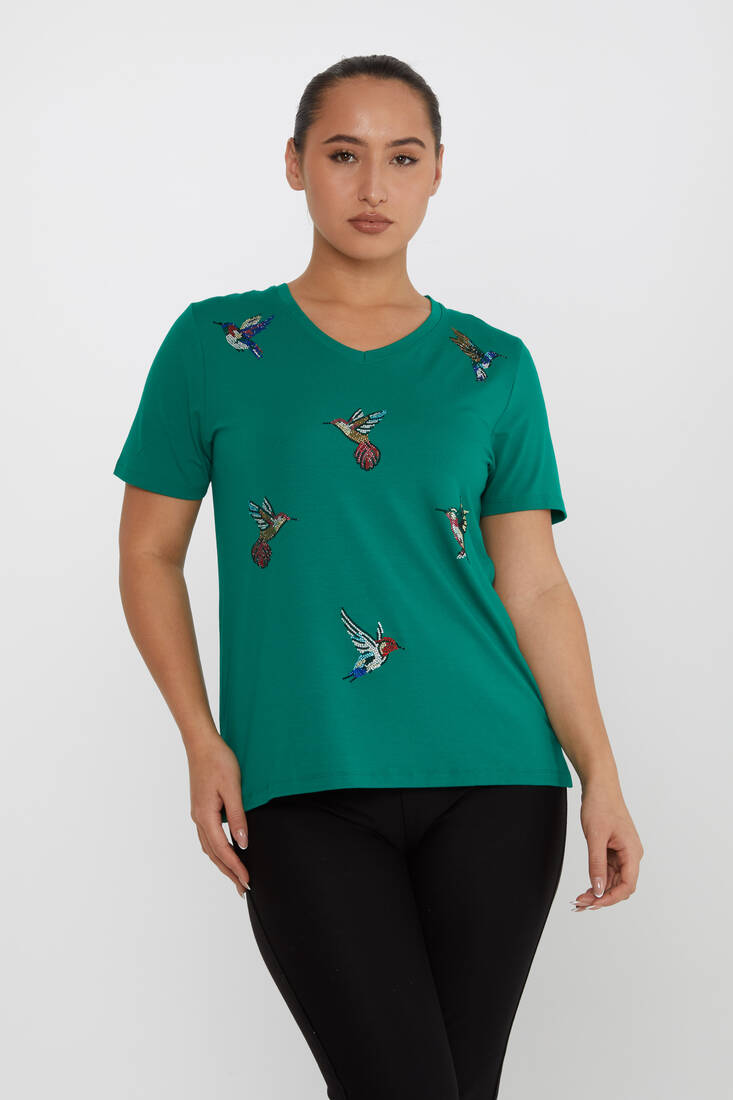 Women's Blouse Bird Stone Detail V-Neck Green - 80111 | KAZEE