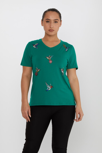 Women's Blouse Bird Stone Detail V-Neck Green - 80111 | KAZEE - Thumbnail