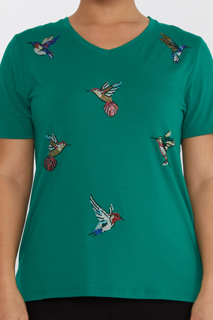 Women's Blouse Bird Stone Detail V-Neck Green - 80111 | KAZEE - Thumbnail