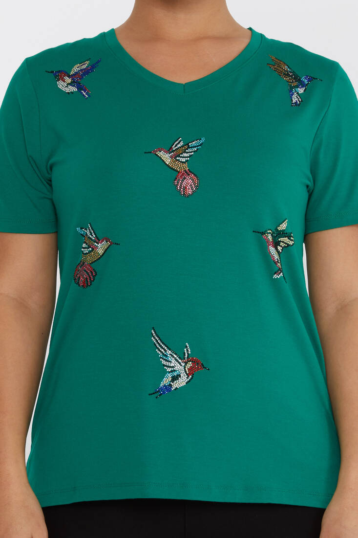 Women's Blouse Bird Stone Detail V-Neck Green - 80111 | KAZEE