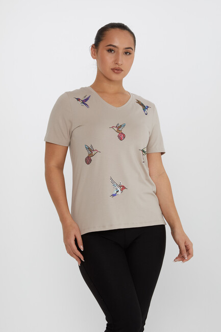 Women's Blouse Bird Stone Detailed V-Neck Mink - 80111 | KAZEE - Thumbnail