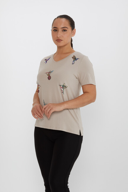 Women's Blouse Bird Stone Detailed V-Neck Mink - 80111 | KAZEE - Thumbnail