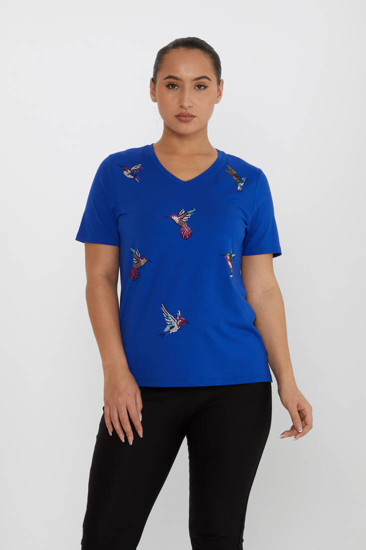 Women's Blouse Bird Stone Detailed V-Neck Saxe - 80111 | KAZEE