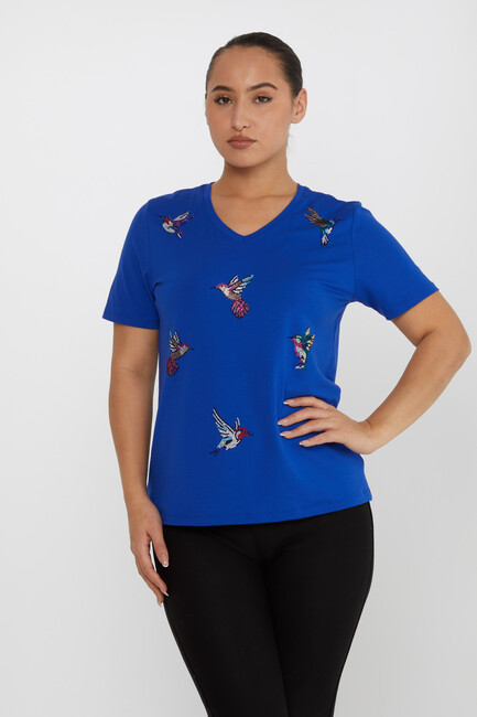 Women's Blouse Bird Stone Detailed V-Neck Saxe - 80111 | KAZEE - Thumbnail