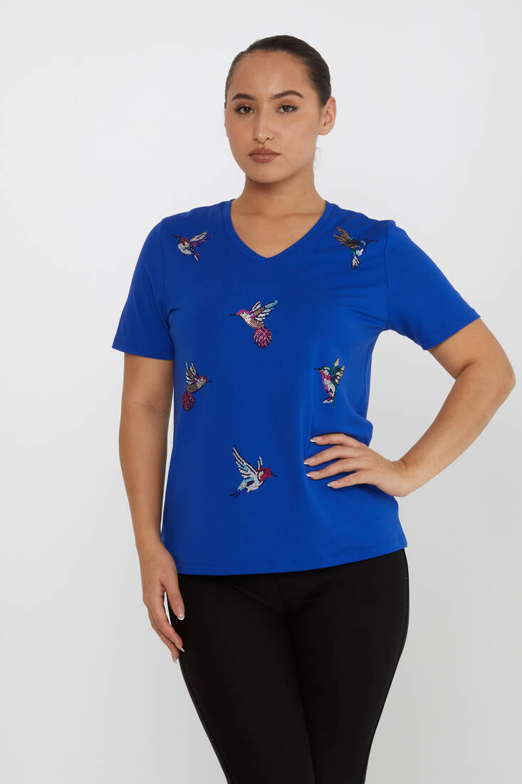 Women's Blouse Bird Stone Detailed V-Neck Saxe - 80111 | KAZEE