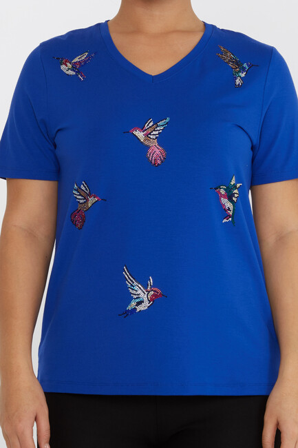 Women's Blouse Bird Stone Detailed V-Neck Saxe - 80111 | KAZEE - Thumbnail