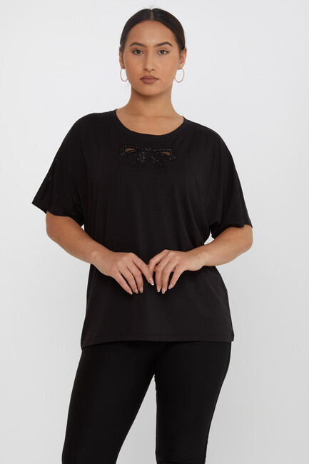 Women's Blouse Bow Pattern Embroidered Stone Black - 79892 | KAZEE - Thumbnail