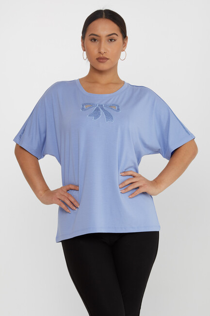 Women's Blouse Bow Pattern Embroidered Stoned Blue - 79892 | KAZEE - Thumbnail