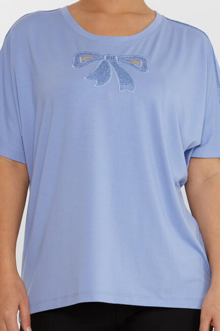 Women's Blouse Bow Pattern Embroidered Stoned Blue - 79892 | KAZEE - Thumbnail