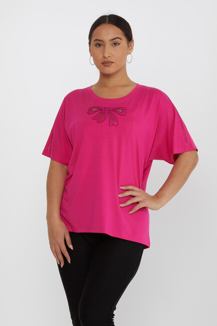 Women's Blouse Bow Pattern Embroidered Stoned Fuchsia - 79892 | KAZEE - Thumbnail