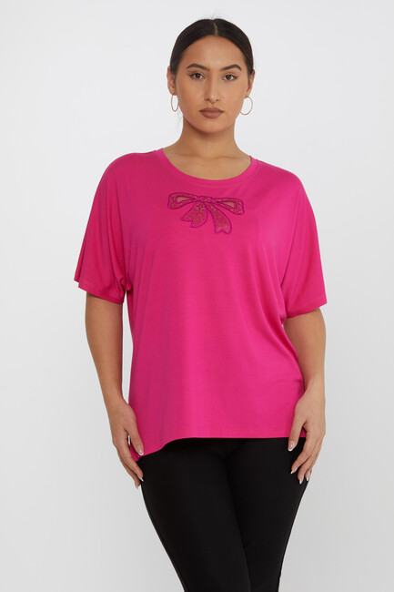 Women's Blouse Bow Pattern Embroidered Stoned Fuchsia - 79892 | KAZEE - Thumbnail