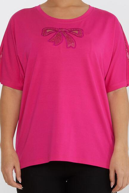 Women's Blouse Bow Pattern Embroidered Stoned Fuchsia - 79892 | KAZEE - Thumbnail