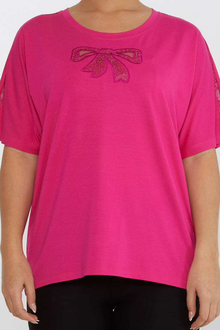 Women's Blouse Bow Pattern Embroidered Stoned Fuchsia - 79892 | KAZEE